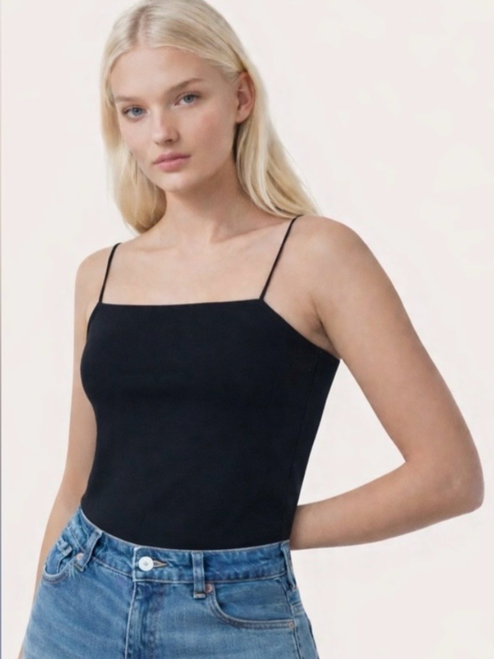 Hollister Slim Tan Black ribbed Square Neck Spaghetti Strap bodysuit, size S